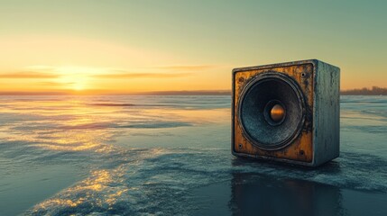 Abstract Speaker on Frozen Lake During Stunning Sunset Scene