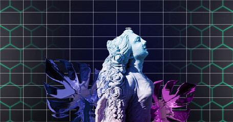 Image of interference over sculpture with tropical leaves and over lines on black background
