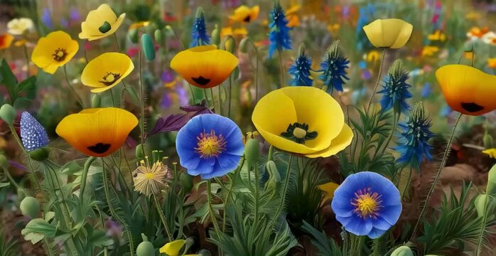 a vibrant patch of wildflowers with a variety of species, including yellow poppies, blue cornflowers, and other colorful blooms