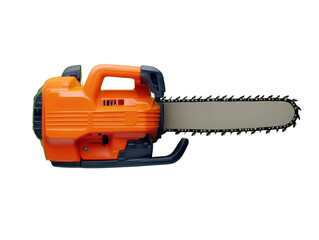 orange electric chainsaw on white background