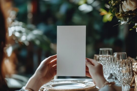 Blank white menu card held by hands at elegant table setting. - Powered by Adobe