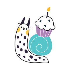 Cute Snail Character with Shell Carrying Cupcake with Candle on Its Back Vector Illustration