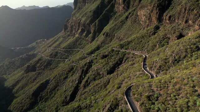 Landscape of the Masca valley at sunset in Tenerife, Canary island, Spain. Scenic mountain landscape road
