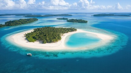 Obraz premium Bright blue sea waves gently crashing against a sandbar in a tropical lagoon.