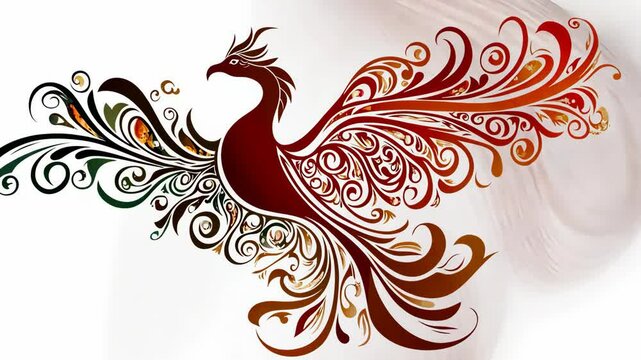 Decorative phoenix design featuring intricate patterns in multiple colors on a white background