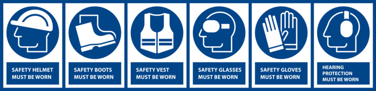 Mandatory sign set, Protective workwear icons, Safety work equipment and protective clothing, Construction safety labels