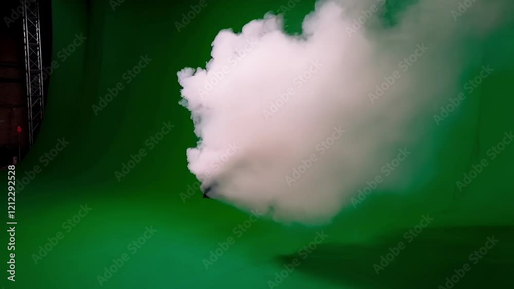 Poster white smoke is continuously emitting from a source off screen against a chromakey backdrop, creating