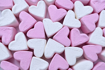 white pink marshmallows hearts colorful flat lay