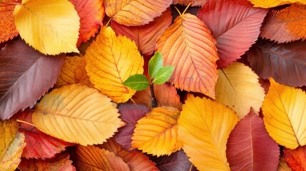 Fototapeta premium A variety of autumn leaves with a small green sprout emerging from the center.