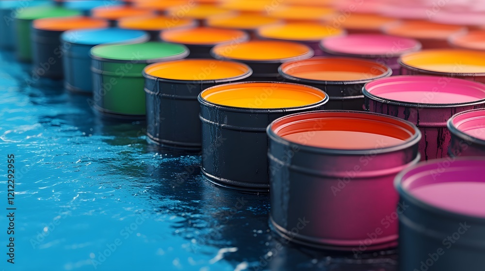 Poster a vibrant array of paint cans in various colors, arranged neatly on a reflective surface, showcasing