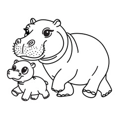 Line art of baby hippo walking with mother hippo cartoon vector
