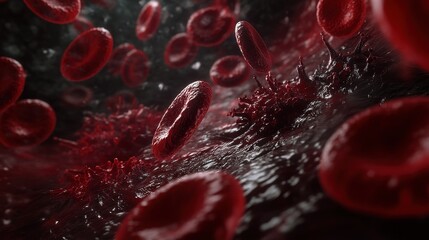 Microscopic view of red blood cells flowing through a vessel, encountering a complex structure.