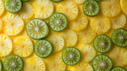Fresh pineapple and lime slices arranged beautifully on yellow background, creating vibrant and refreshing display. Perfect for summer recipes or tropical themes