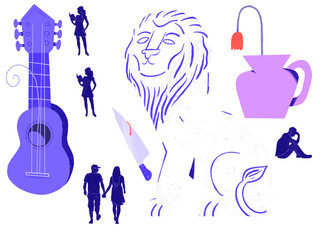 Illustrated Objects - Ukulele, Lion, Knife, Vase, People Silhouettes - Isolated elements