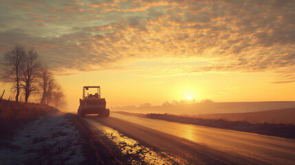 Fototapeta premium Urban development road roller tractor working on asphalt road with Steamroller on sunlit background 