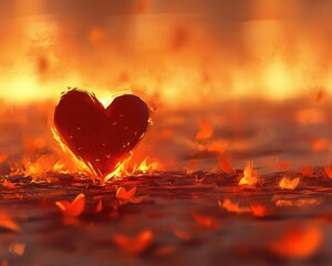 Fototapeta premium A glowing heart amidst swirling embers and leaves, symbolizing passion and warmth.
