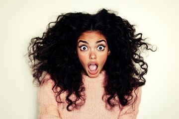 Fototapeta premium Long trim - curly hair. Commercial promotion concept creative design. Lovely very astonished mixed-race girl - for ads, magazine ad and online banner use. Colored hair portrait inspiration.