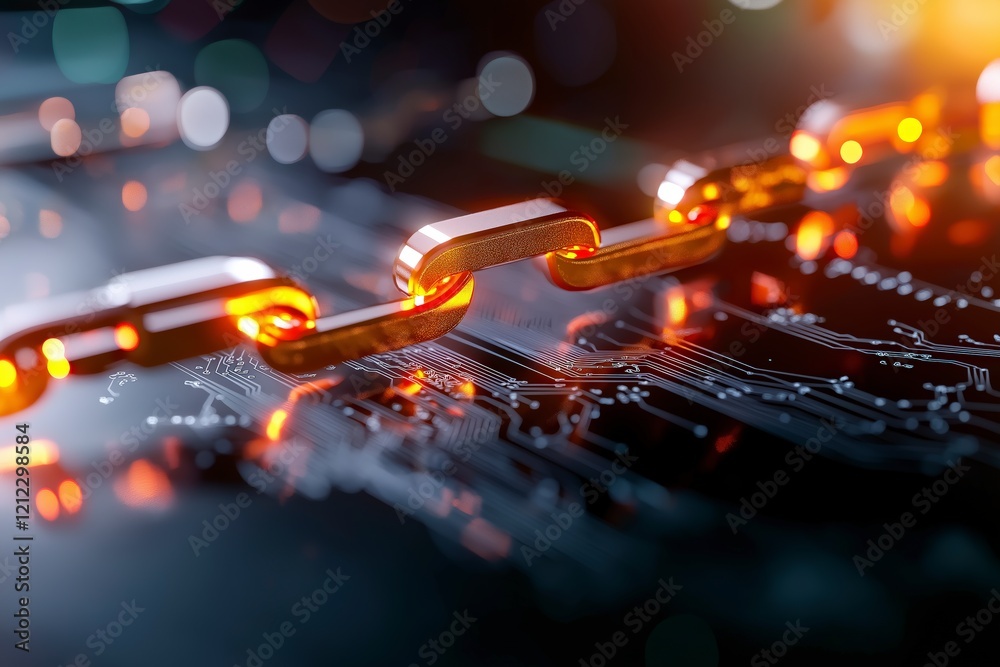 Poster glowing chain links on digital background representing technology and connectivity in modern network