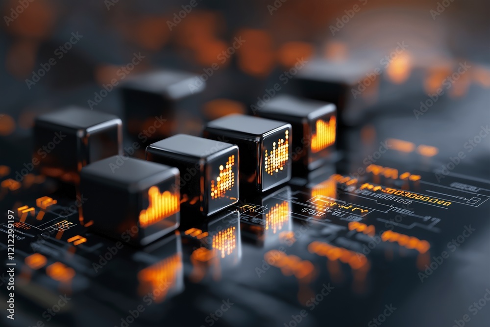 Poster digital data analysis concept with bar graphs on black background in a tech environment