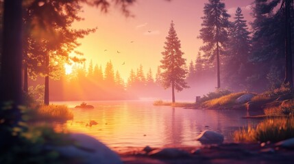 Fototapeta premium Warm sunlight cascading onto a tranquil lake surrounded by pine trees.