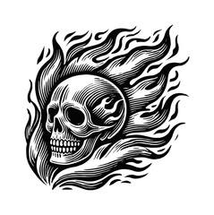 Obraz premium skull fire flame engraving black and white outline