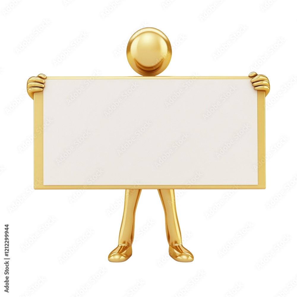 Poster a gold 3d rendered figure holds a large blank rectangular sign suitable for advertisement or announc