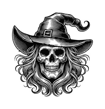 recommend clip art: skull witch hat engraving black and white outline
