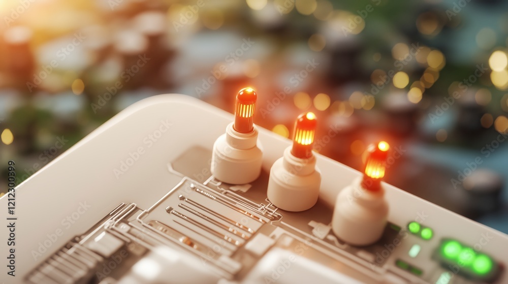 Poster close-up view of circuit board led indicators and components with soft blurred background lights