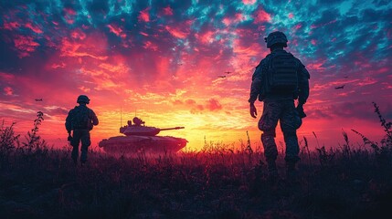 Obraz premium Soldiers Silhouette Sunset Tank Battlefield Scene