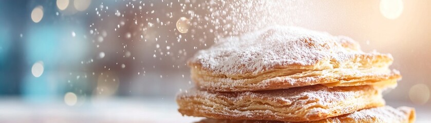 Obraz premium Freshly baked pastries are being generously sprinkled with powdered sugar, creating an inviting atmosphere. The blurred pastel backdrop adds warmth to the delightful scene