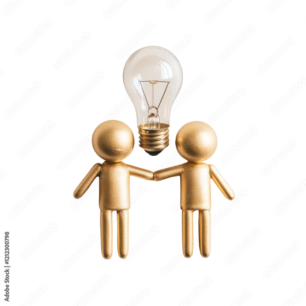 Poster Two golden figurines join hands under a glowing lightbulb symbolizing collaborative idea generation.