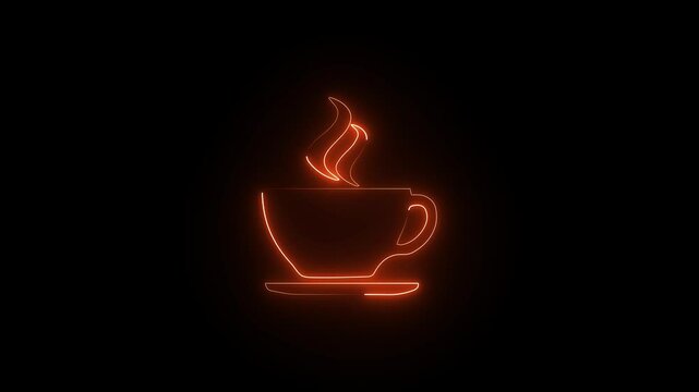 Animated Neon glowing coffee cup icon animation on black background. A neon coffee cup with steam rising 4k video footage.