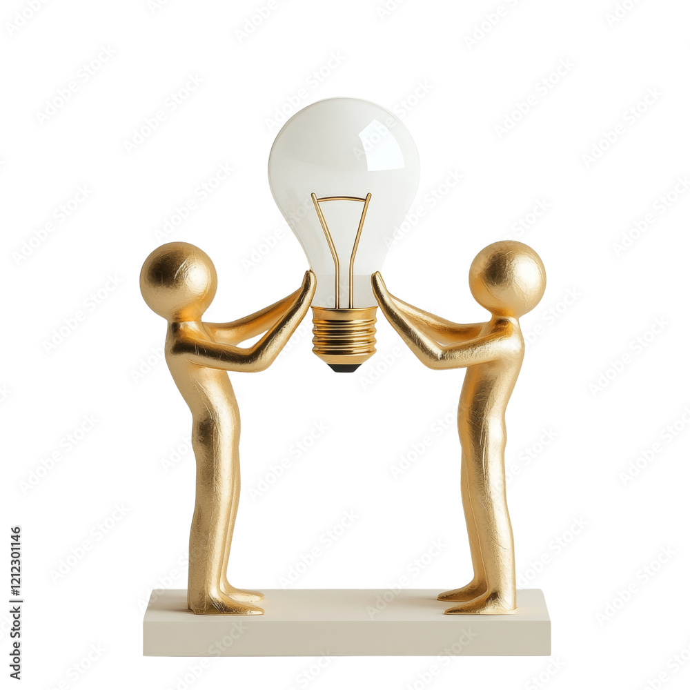 Poster two golden figurines jointly hold aloft a lightbulb symbolizing shared ideas and collaborative innov