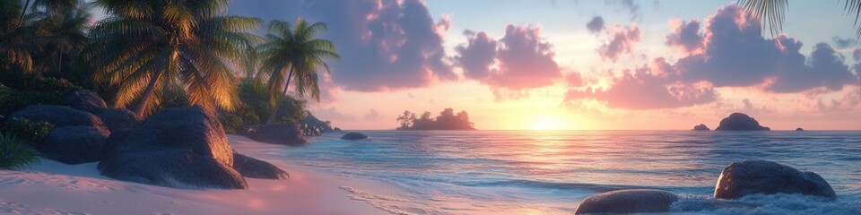 Obraz premium Seychelles Serenity, tranquil beach scene with granite boulders, vibrant pink sky at dusk, inviting calm and reflection