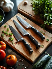 A couple of Kitchen Knives for chopping vegetables on a wooden cuttting board