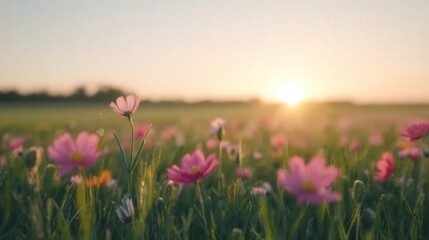 Obraz premium A serene landscape of blooming flowers at sunrise, evoking tranquility and beauty.