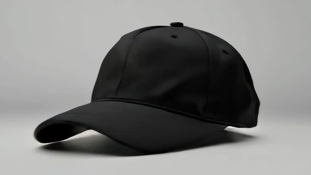 Black baseball cap rotating: front, back, and side views for fashion and apparel design
