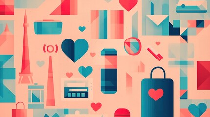 A colorful, abstract design featuring hearts, travel items, and iconic landmarks, creating a vibrant and playful visual theme.
