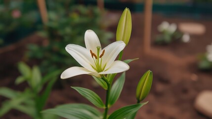 Obraz premium A close-up of a white lily flower with green buds in a garden setting.