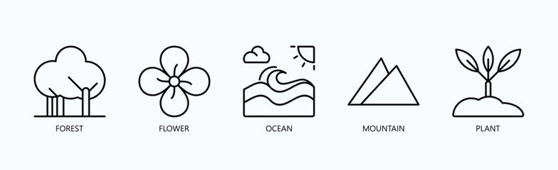 Obraz premium Nature'S Essence Icon Set Isolated Vector With Icon Of Forest, Flower, Ocean, Mountain, Plant In Outline Style