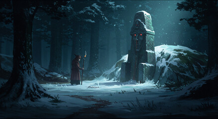 A digital painting of a solitary figure standing in a snowy forest.