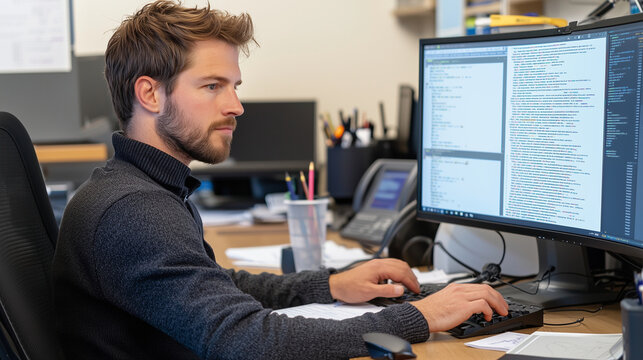 Programmer Coding at Computer with Code on Monitor Screen