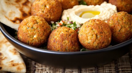 A bowl of falafel served with hummus and pita bread, showcasing a delicious Middle Eastern meal.