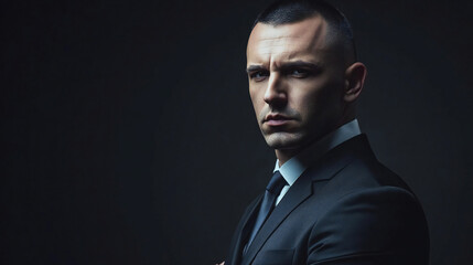 Obraz premium Confident Businessman in Formal Suit Against Dark Background