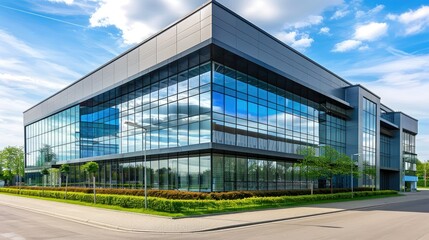 Fototapeta premium Sleek corporate building facade with reflective glass