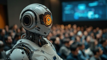 Fototapeta premium Ai teacher lectures in front of large screen with blurred audience