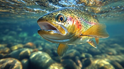 Obraz premium Underwater Rainbow Trout River Rocks Sunlight Fishing