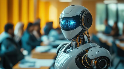 Fototapeta premium Ai robot professor in hightech classroom with holographic projections