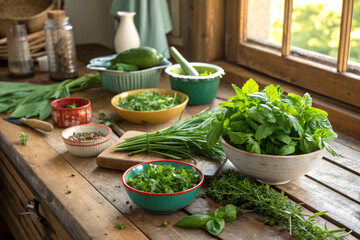 A rustic kitchen table with fresh herbal ingredients