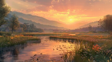 Sunrise over a peaceful rural countryside